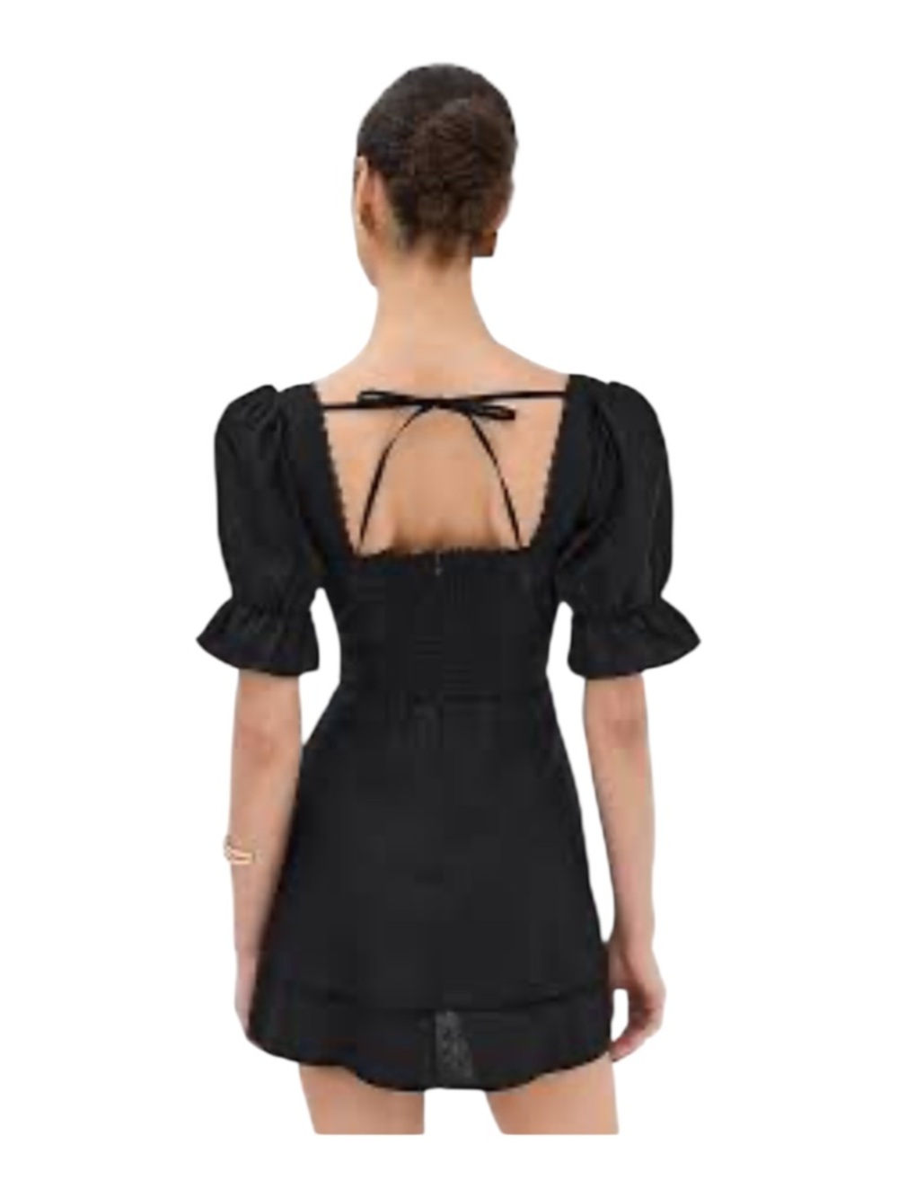 Reformation Evianna Black Linen Lace Trim Square Neck Puff Sleeve Mini Dress 0 - Picture 4 of 14